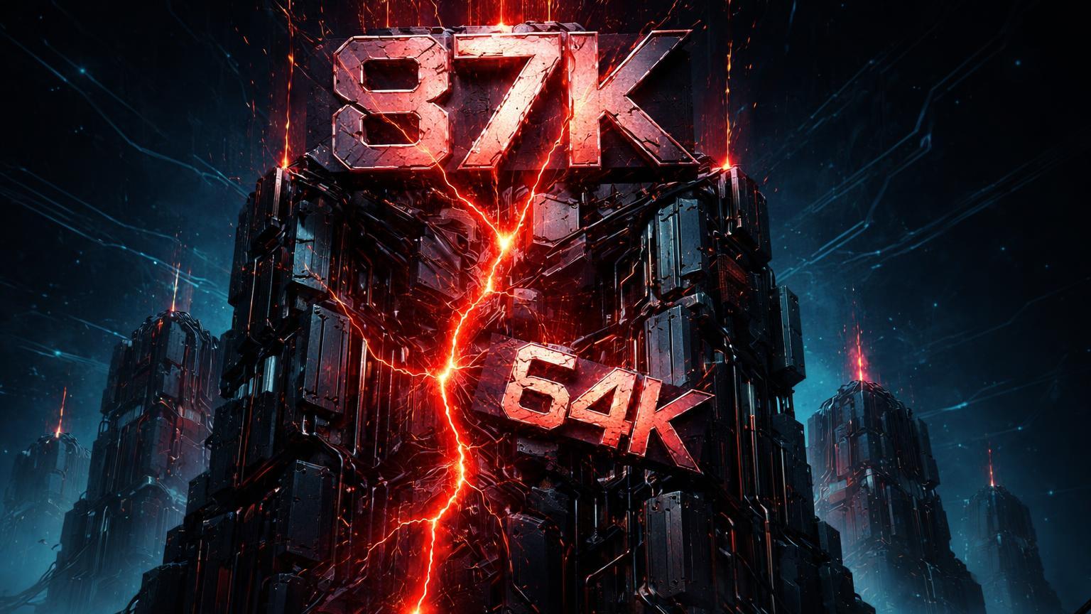 Torres de mineração cibernéticas rachando com placas 87K e 64K, representando crise de custos superando preço do Bitcoin nos mineradores