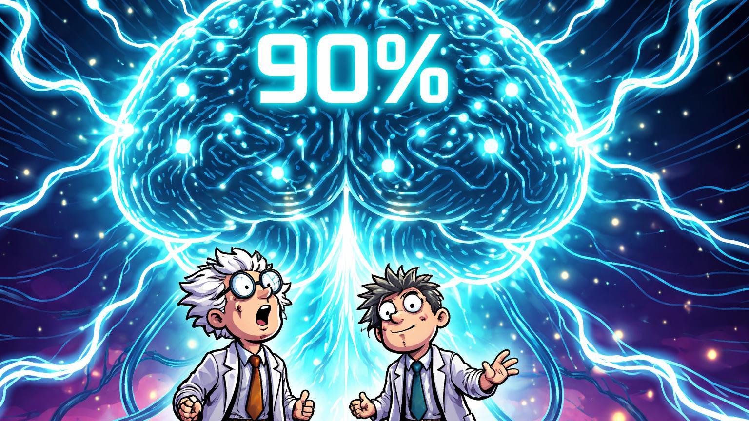 Cientistas cartoon encolhidos perante cérebro IA gigante com '90%' luminoso, satirizando dependência intelectual da IA em pesquisa de elite