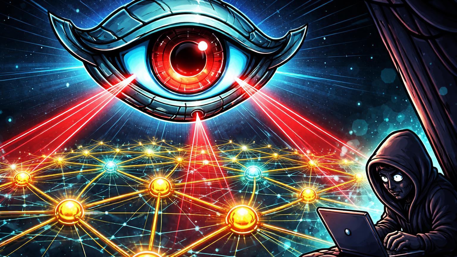 Olho de IA cartoon gigante escaneando rede de transações cripto com trader cauteloso observando, simbolizando vigilância estatal na Coreia do Sul