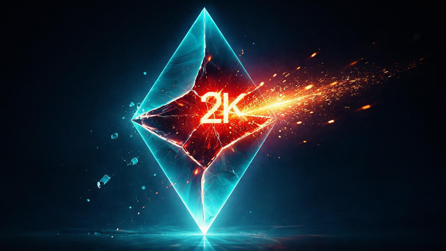 Prisma cyan de Ethereum com rachadura vermelha liberando fluxo dourado e '2K' fraturado, simbolizando queda abaixo de US$ 2.000 por êxodo institucional