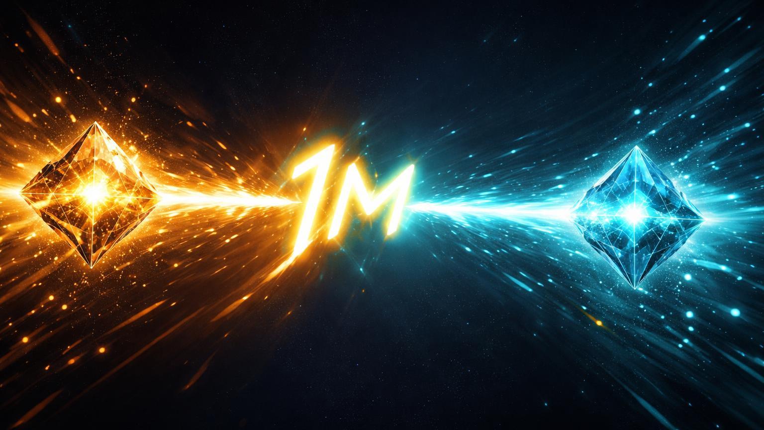Raio de energia dourada-cyan transferindo '1M' entre nós cristalinos, simbolizando liquidação instantânea de US$ 1 milhão via Lightning Network Bitcoin