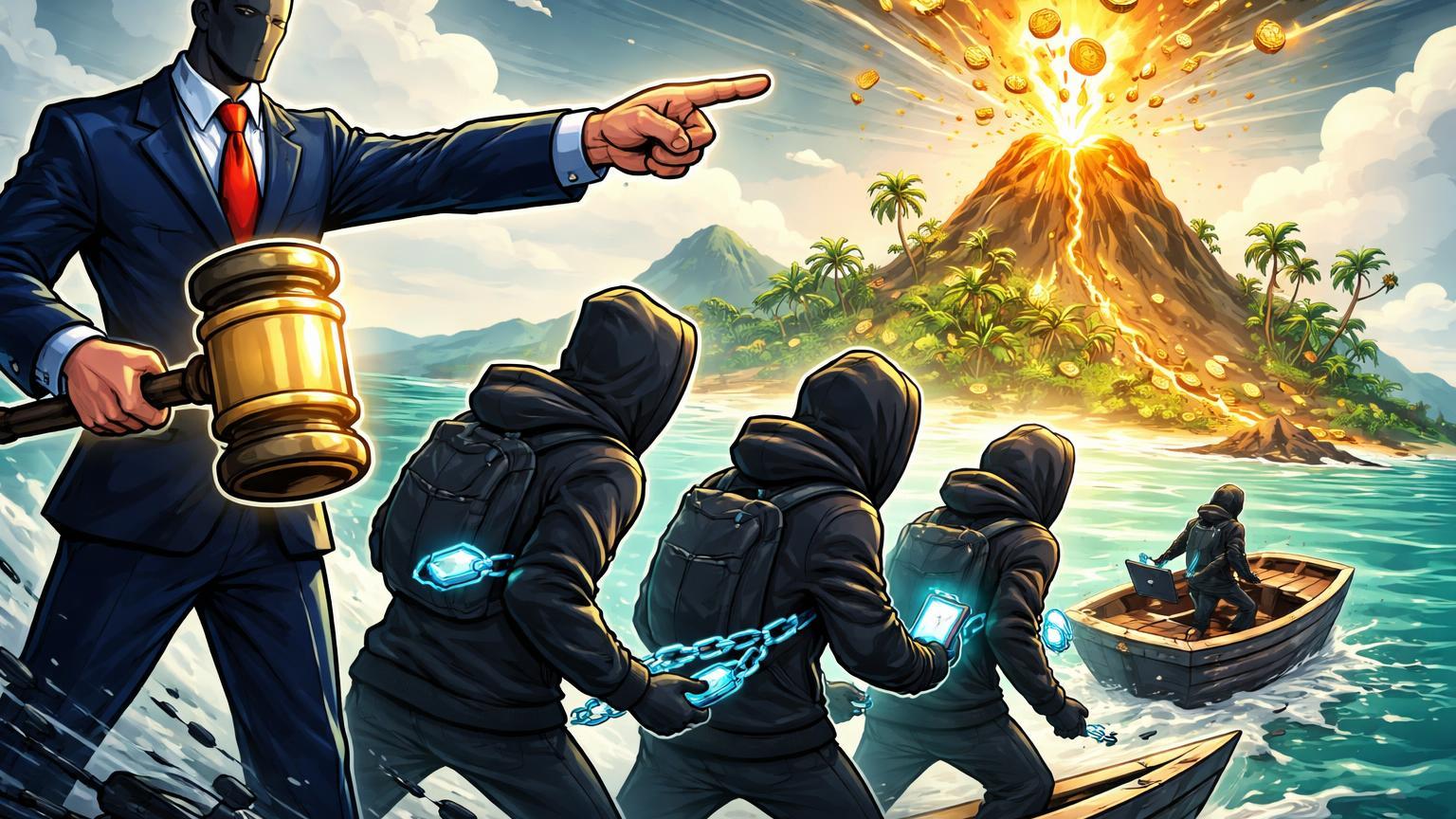 Regulador cartoon empurrando cripto niilistas com hoodies rumo ilha vulcânica dourada de El Salvador, criticando resistência à regulação EUA