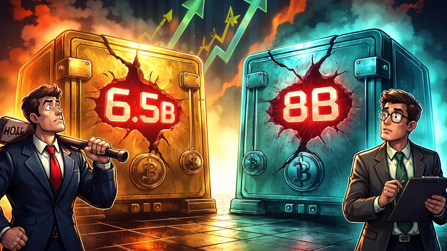 Executivos cartoon estilizados diante de cofres BTC e ETH rachados com '6.5B' e '8B' em vermelho, simbolizando prejuízos bilionários de Saylor e Tom Lee