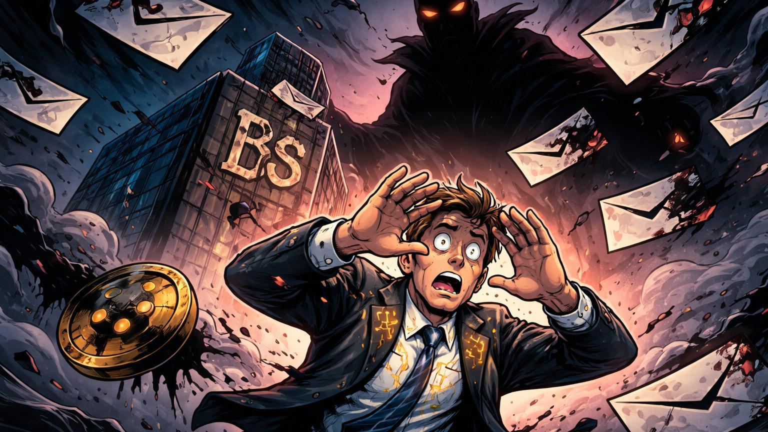 Executivo cartoon protegendo-se de chuva de e-mails sombrios com silhueta espectral, simbolizando crise reputacional de Epstein na Blockstream
