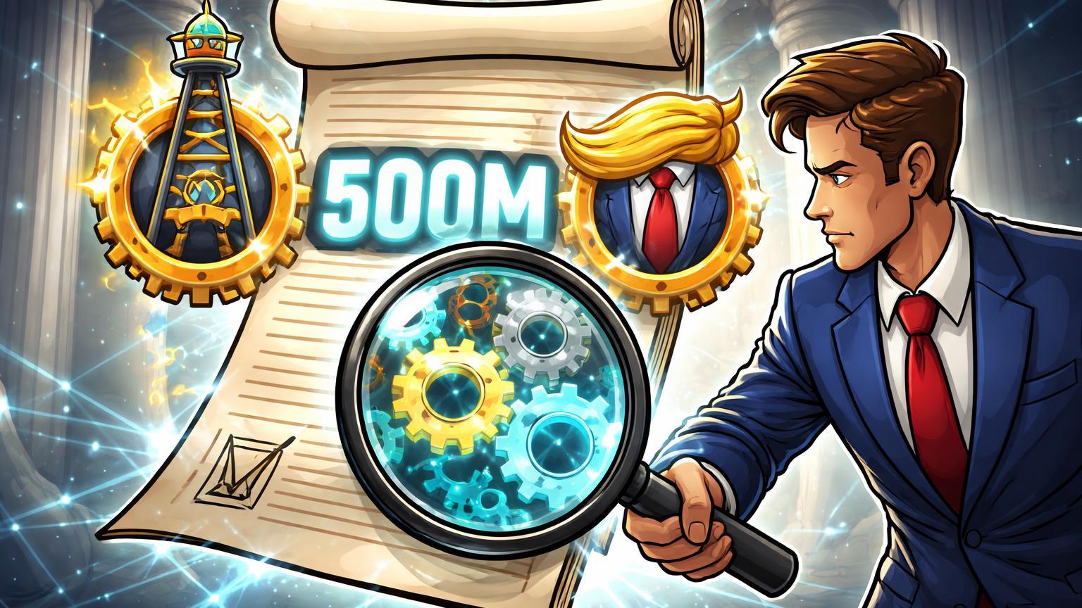 Deputado cartoon com lupa sobre contrato UAE-Trump marcado 500M, revelando engrenagens cripto, simbolizando investigação congressional