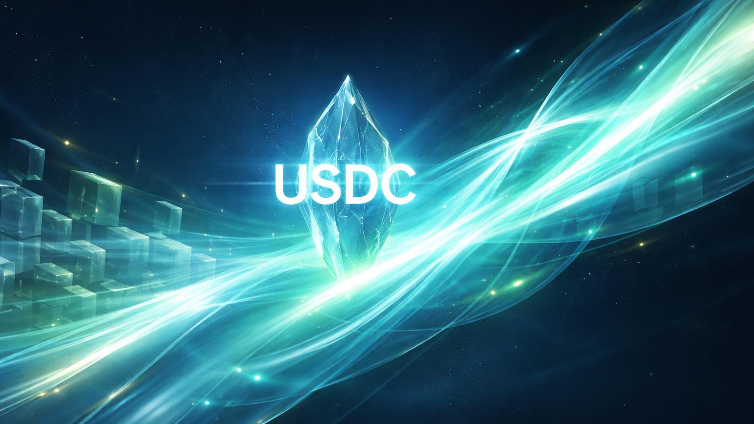 Fluxo cristalino de USDC através de camadas glassmorphic transparentes, simbolizando migração nativa para maior eficiência no Polymarket