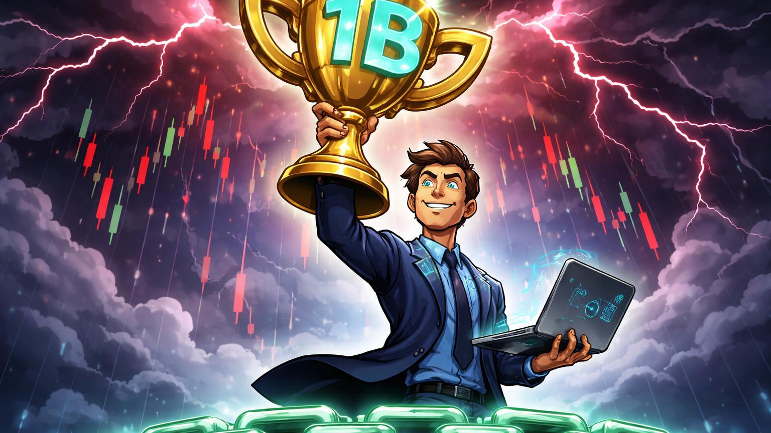 Executivo fintech cartoon erguendo troféu 1B sobre plataforma blockchain em tempestade de mercado, simbolizando sucesso da SoFi impulsionado por cripto