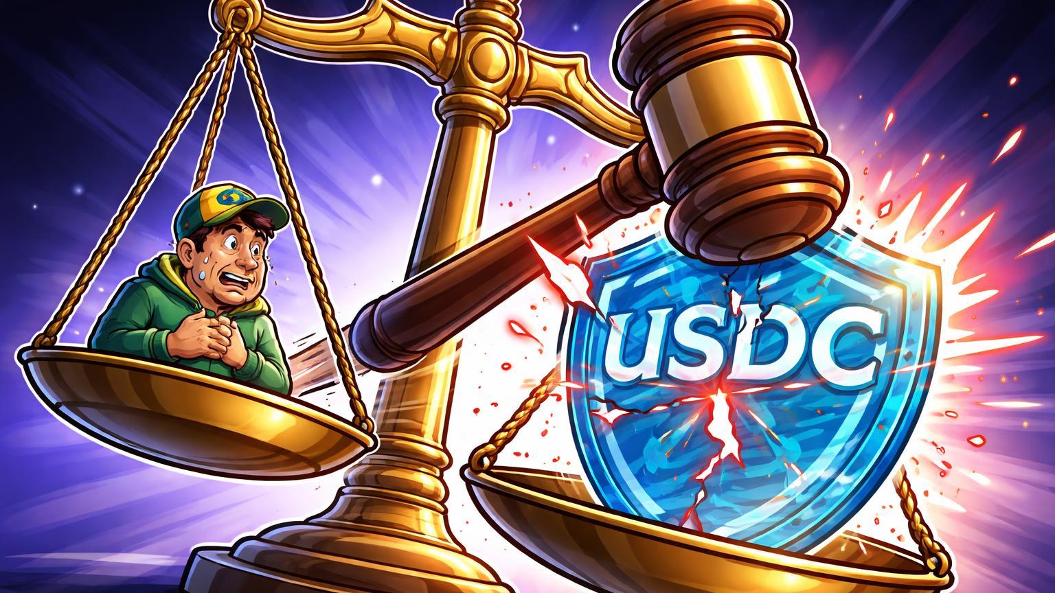 Balança da justiça cartoon rompendo escudo USDC rachado, simbolizando bloqueio judicial pela Justiça de SP em fraudes cripto
