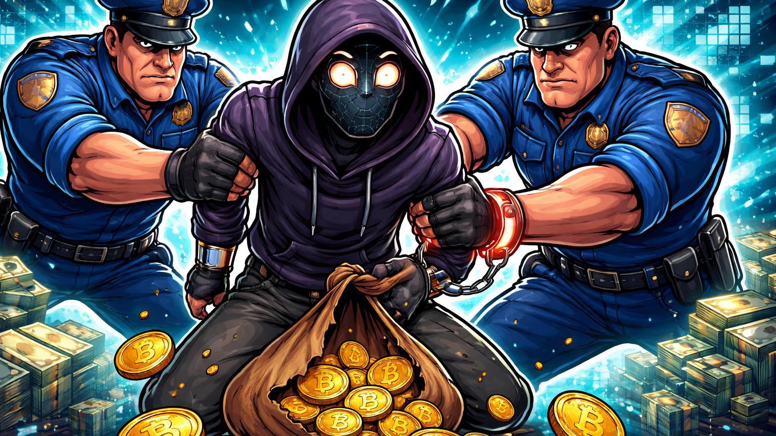 Policiais cartoon algemando suspeito sombrio com moedas Bitcoin derramando, simbolizando prisão por golpe de R$ 360 mil em Goiás