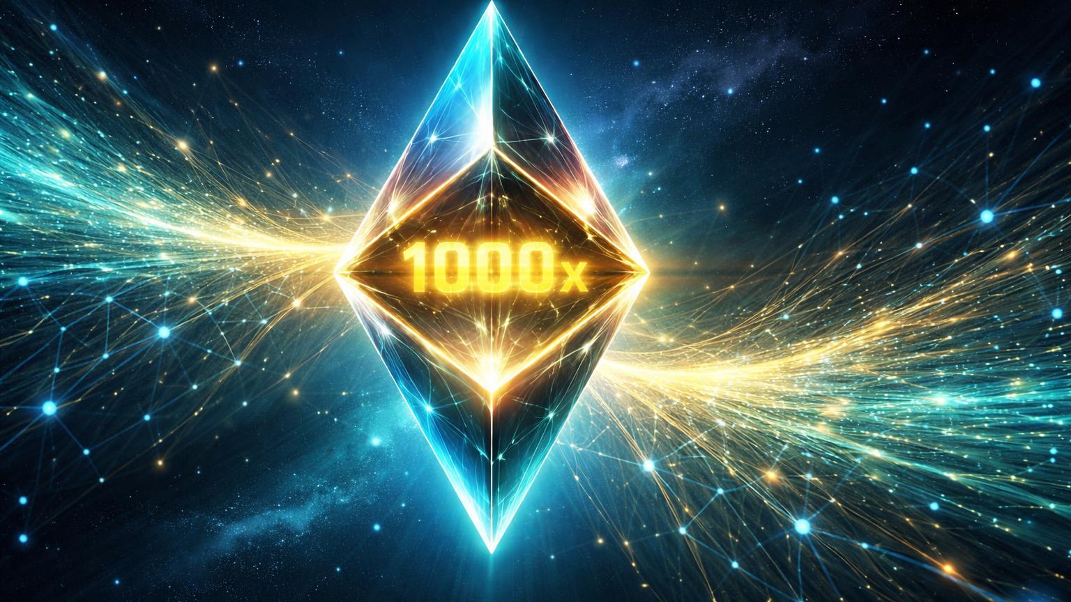 Prisma Ethereum refratando fluxo massivo de transações em feixes ramificados com holograma 1000x, simbolizando proposta de escalabilidade de Vitalik