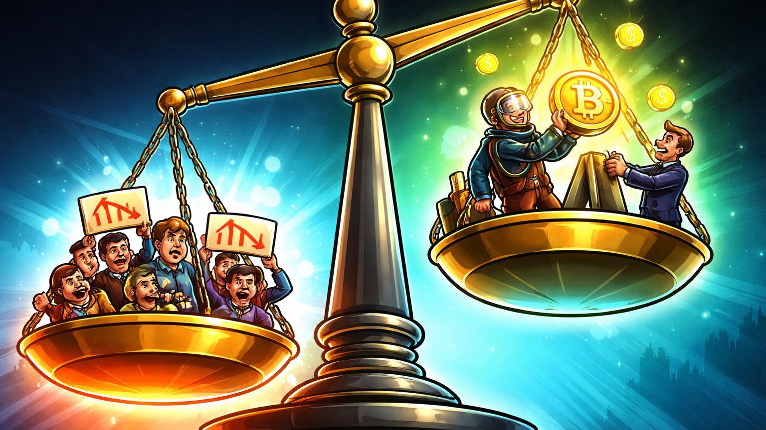 Balança cartoon com trabalhadores desempregados puxando um lado e burocrata Fed elevando juros baixos com investidor cripto, sinalizando impacto bullish no Bitcoin