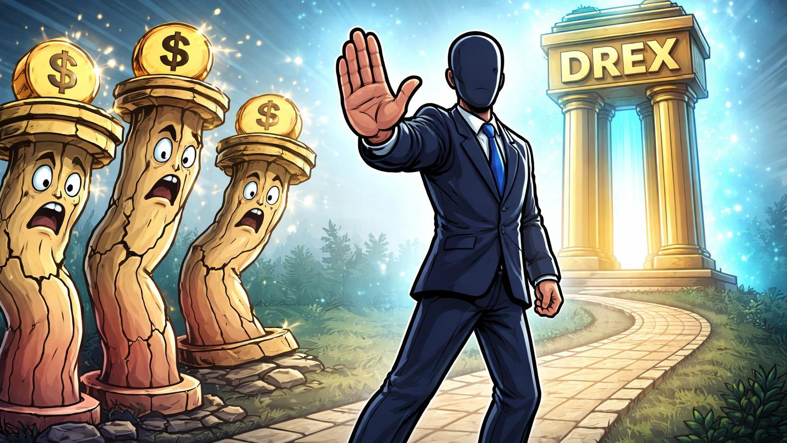 Regulador cartoon barrando pilares instáveis de stablecoins algorítmcas, abrindo caminho para pilar DREX sólido, simbolizando proibição no Brasil