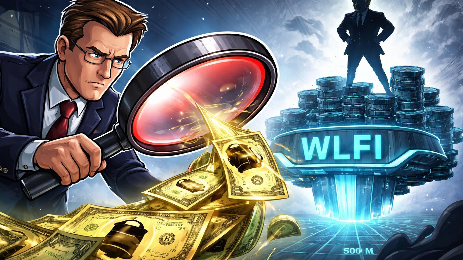 Congressista cartoon com lupa gigante investigando fluxo de petrodólares para plataforma WLFI Trump, destacando investigação congressional sobre cripto e geopolítica