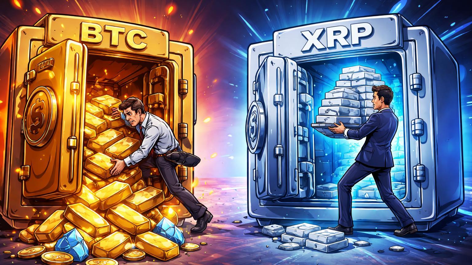 Investidores cartoon retirando barras douradas de cofre BTC pressionando ETH e SOL, enquanto depositam em cofre XRP, ilustrando saídas e influxos de ETFs