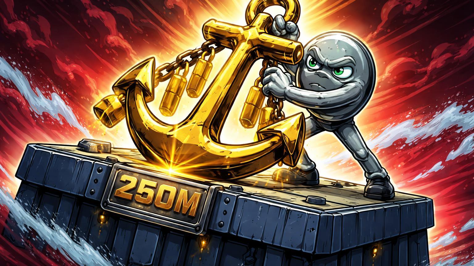 Personagem Tether cartoon fincando âncora dourada com barras de ouro em plataforma regulada, contrastando ondas vermelhas da queda do BTC