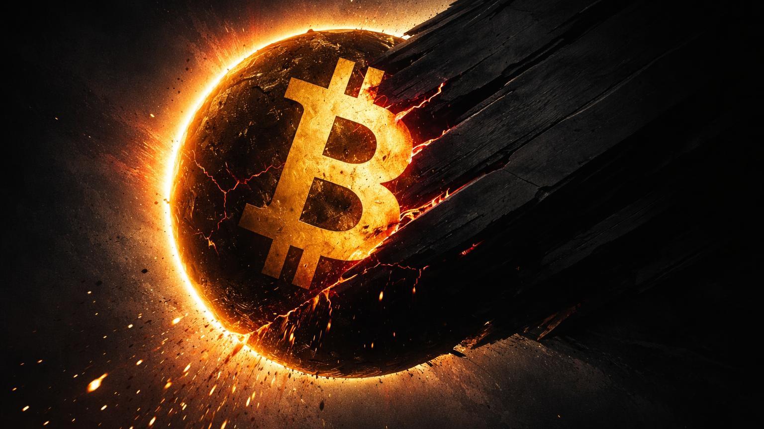 Sol dourado do Bitcoin eclipsado por sombra negra brutalista com rachaduras vermelhas, ilustrando previsões de queda extrema da Bloomberg e Stifel