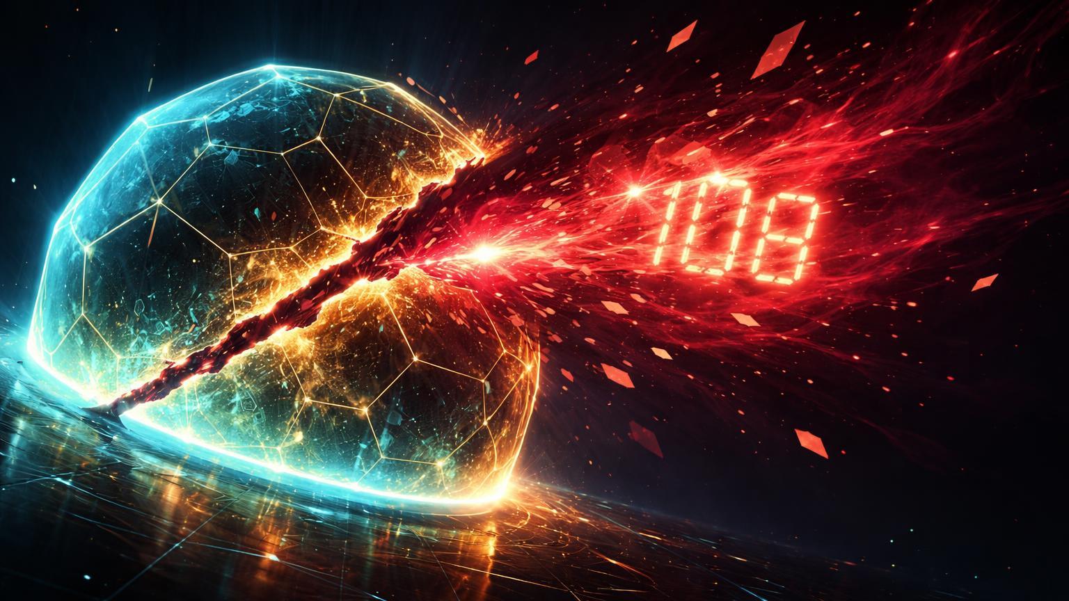 Domo hexagonal dourado-cyan rachando com fluxo vermelho volumoso contendo '10B', simbolizando capitulação no ETF BlackRock