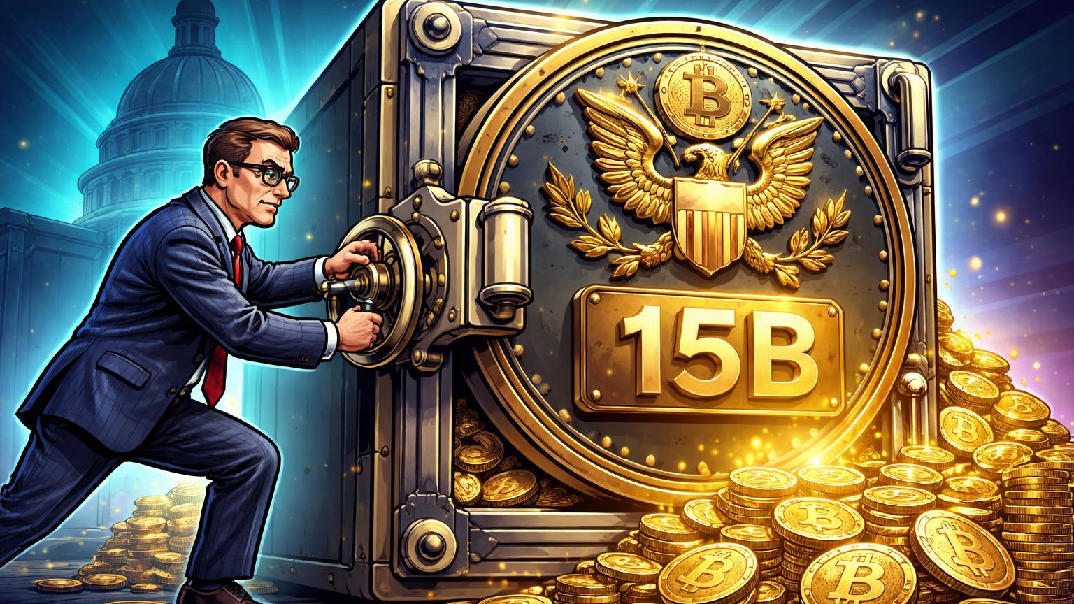 Burocrata cartoon trancando cofre gigante de Bitcoins com '15B' gravado, simbolizando reserva estratégica do Tesouro EUA sem resgate