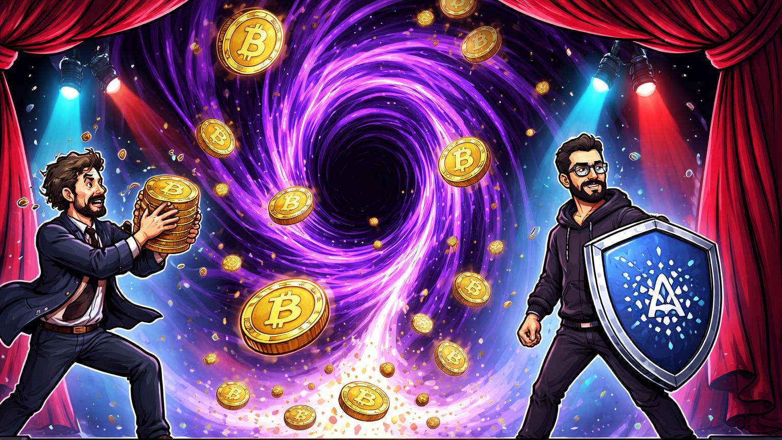Palco teatral cartoon com vórtice quântico sugando BTC, executivo em pânico vendendo e líder resiliente firme, ilustrando FUD e drama cripto