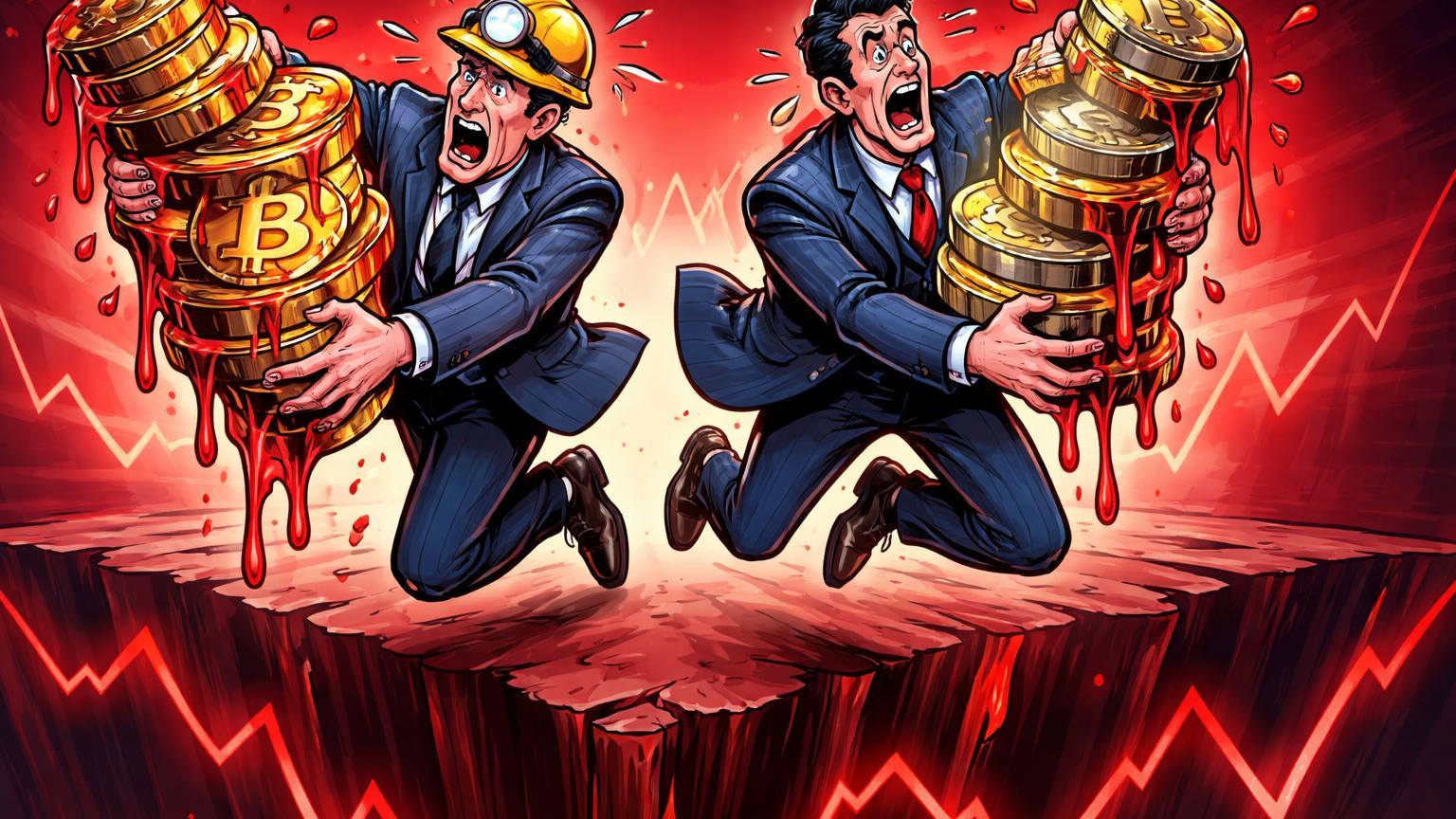 Executivos cartoon de BitMine e MicroStrategy tropeçando com pilhas de BTC/ETH derretendo em vermelho, simbolizando perdas bilionárias no crash do Bitcoin