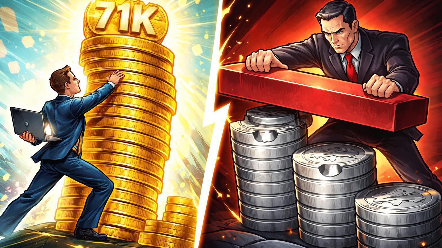 Investidor cartoon elevando pilha de Bitcoin a 71K enquanto regulador bloqueia stablecoins com barreira vermelha, contrastando rebound institucional e regras chinesas