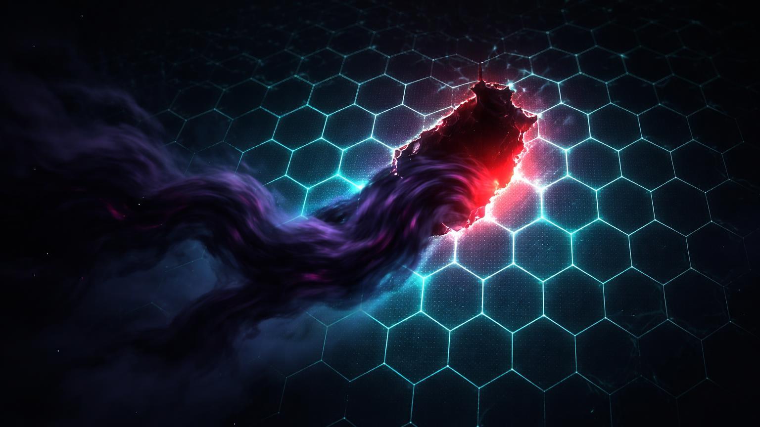 Rede digital hexagonal com brecha vermelha liberando fluxo enevoado roxo, simbolizando lavagem via privacy coins pós-hacks