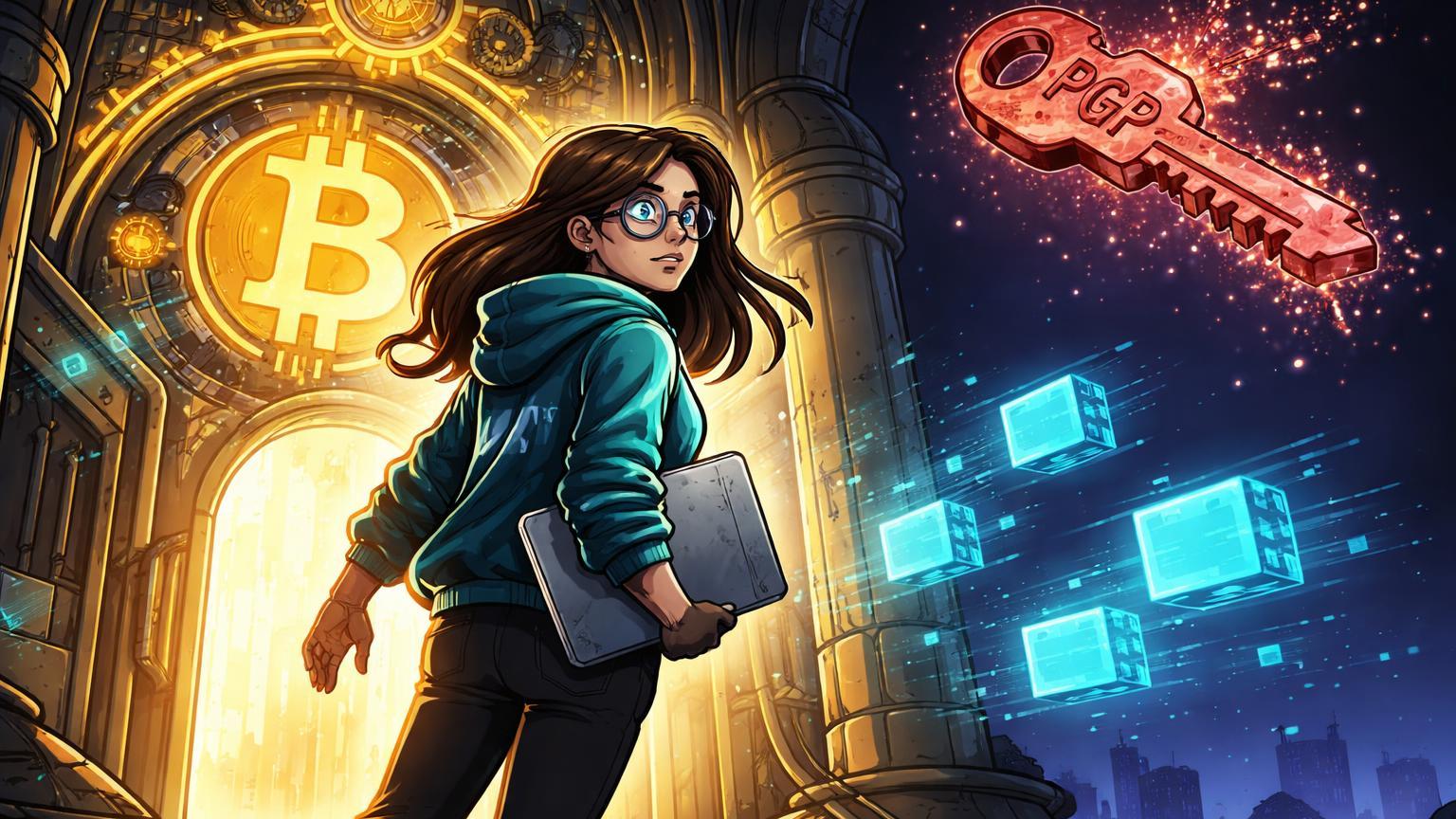 Desenvolvedora cartoon saindo do nüleo Bitcoin Core com chave PGP dissolvendo e blocos mempool luminosos, marcando saída de Gloria Zhao após contribuições