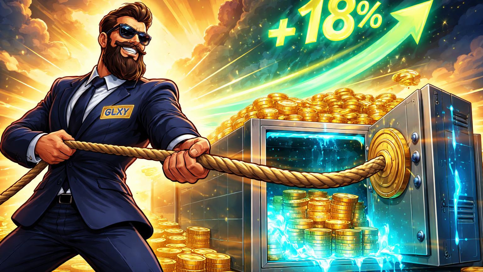 Executivo cartoon confiante puxando ações douradas para cofre com seta +18%, simbolizando recompra de US$ 200 mi da Galaxy Digital