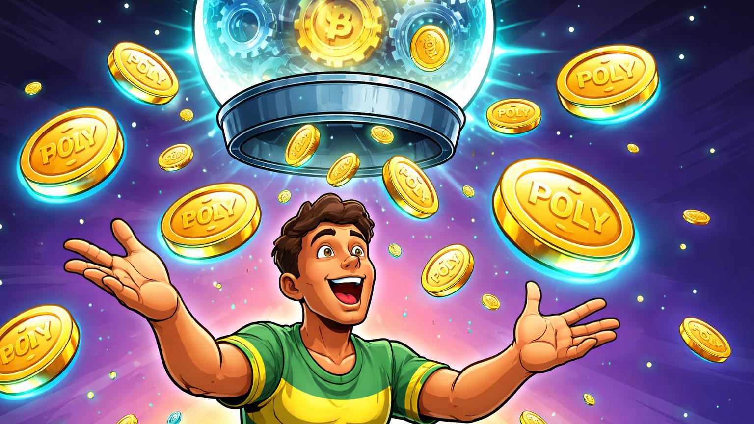 Personagem cartoon trader capturando tokens POLY caindo de urna digital de previsão, simbolizando preparação para airdrop da Polymarket