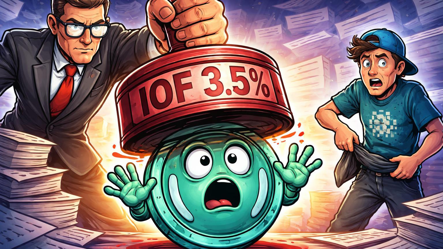 Burocrata cartoon carimbando stablecoin com IOF 3.5%, investidor preocupado ao lado, ilustrando proposta tributária de cripto como moeda estrangeira no Brasil