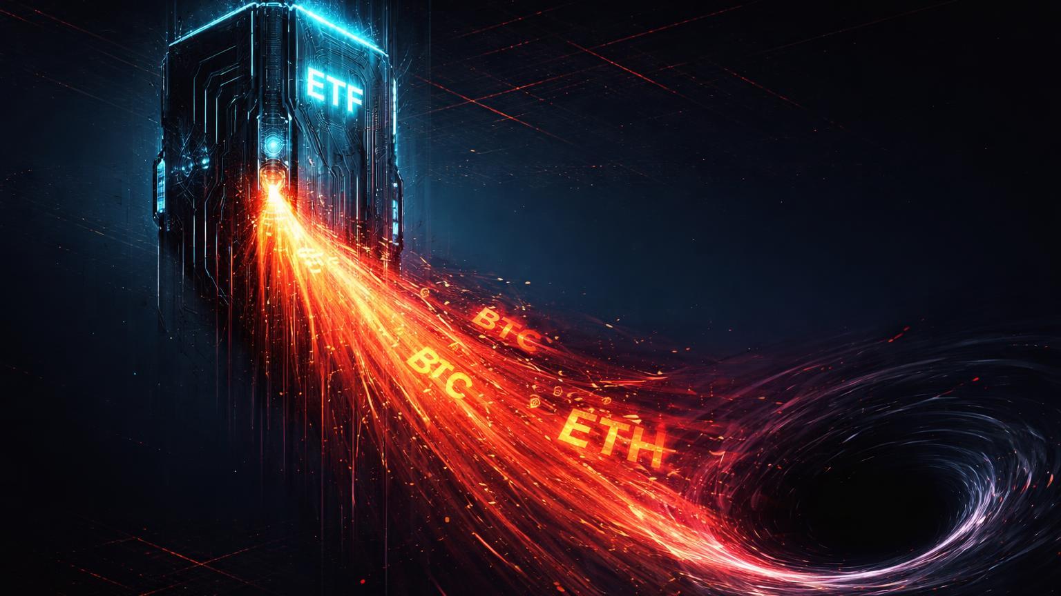 Torre cibernética com fluxo dourado-vermelho escorrendo para portal negro, simbolizando outflows de US$ 434 mi em ETFs Bitcoin e transferências institucionais