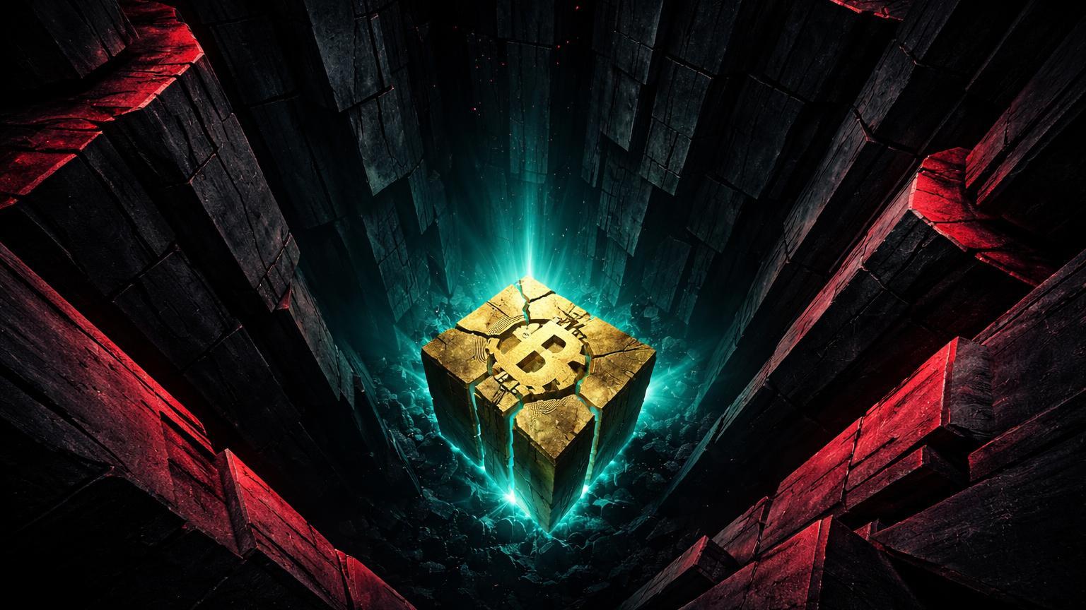 Poço brutalista com bloco dourado rachado emitindo luz cyan no fundo, simbolizando capitulação extrema do Bitcoin próximo ao fundo do poço