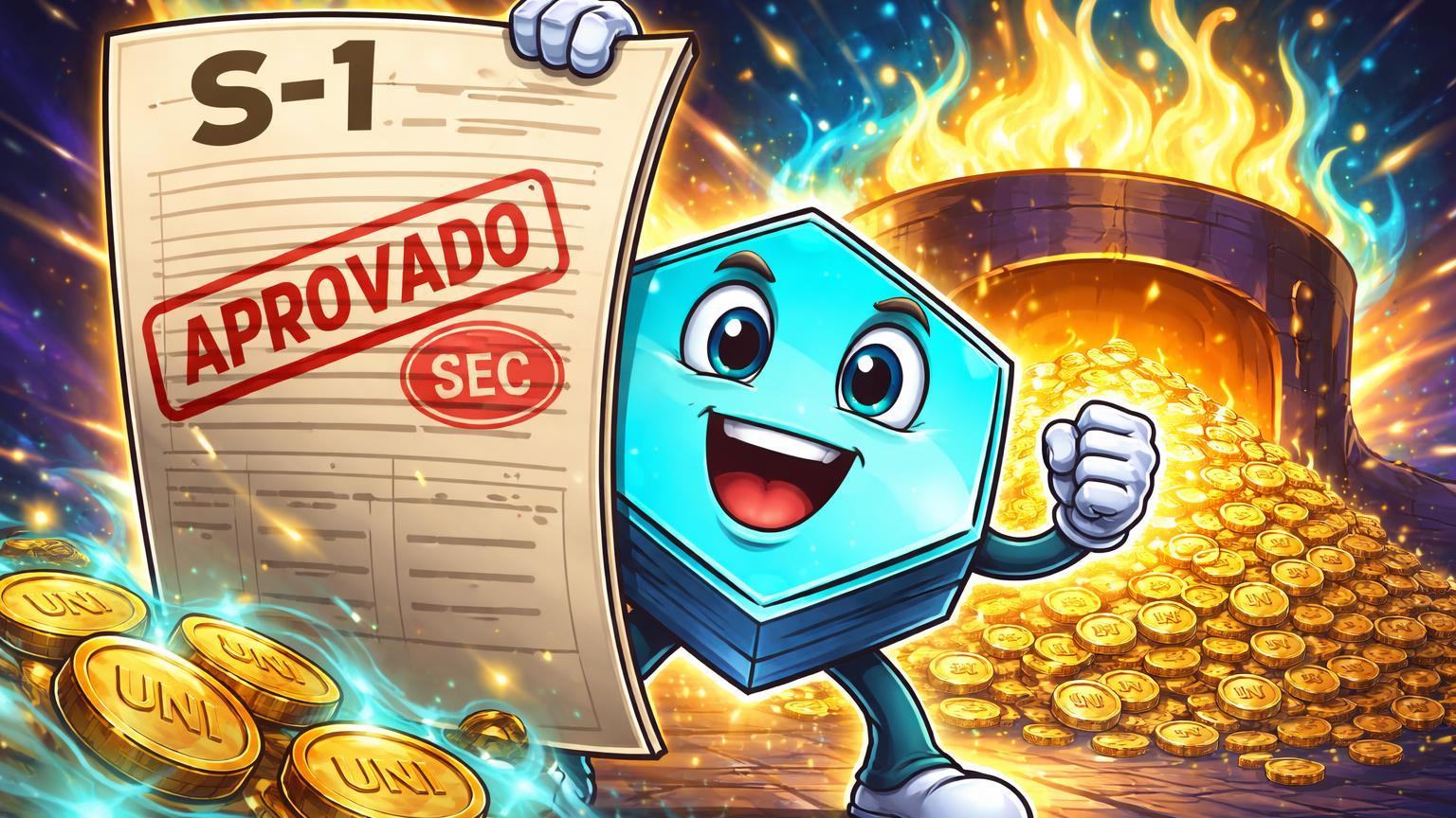 Personagem Uniswap cartoon com formulário ETF aprovado SEC e fornalha queimando tokens UNI recorde, simbolizando escassez DeFi