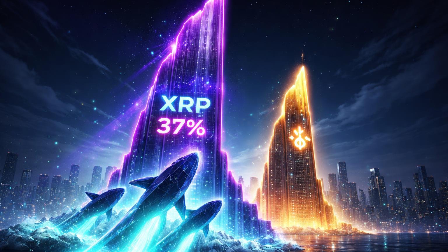 Torre XRP roxa-cyan crescendo sobre BNB dourada com 37% luminoso e baleias impulsionando, marcando rali de 37% e liderança no top 4 cripto