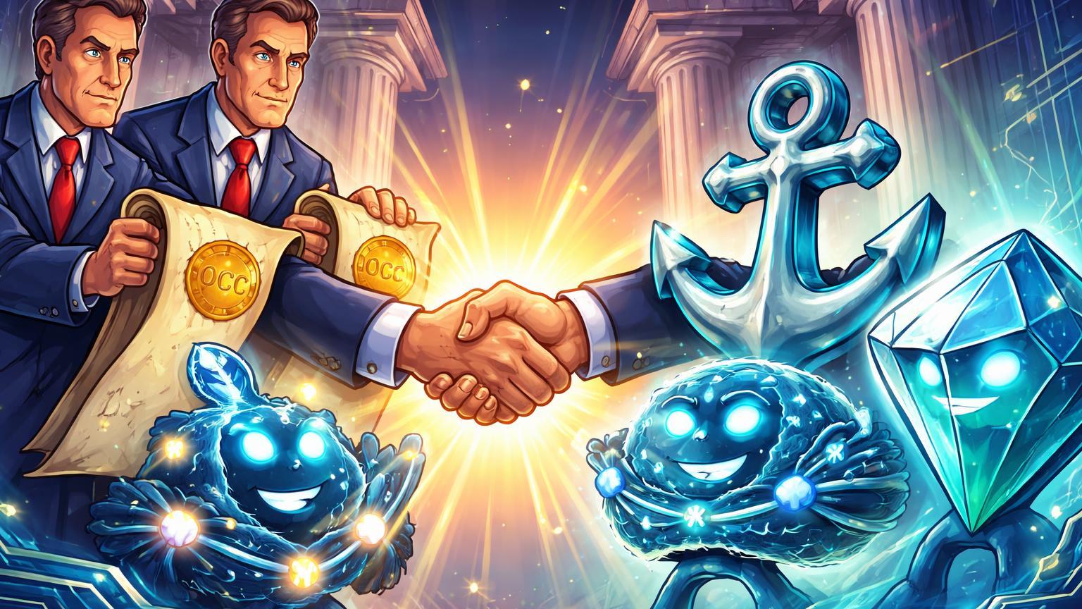 Burocratas cartoon entregando pergaminhos com selos OCC a personagens stablecoin e Ripple estilizados, simbolizando licenças bancárias históricas nos EUA