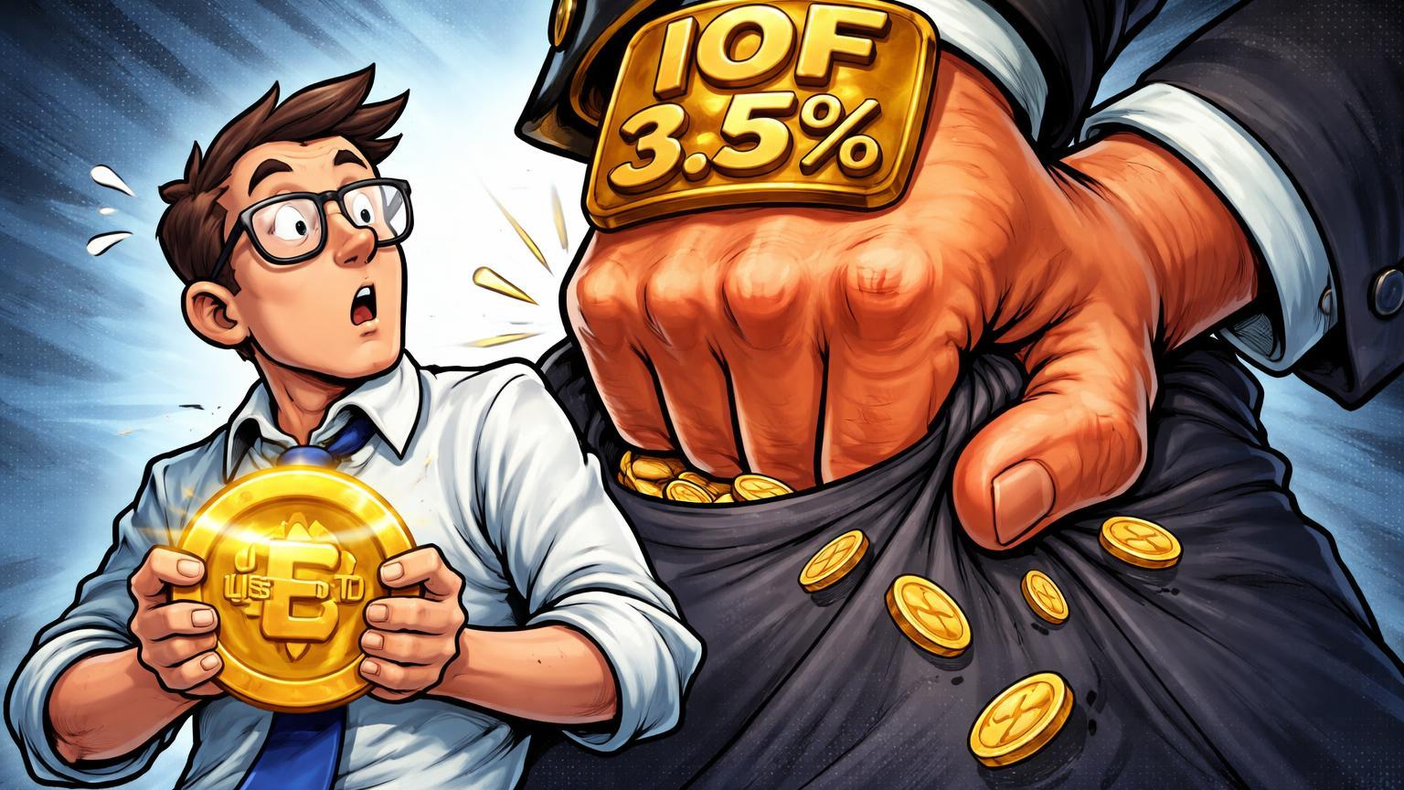 Investidor cartoon segurando stablecoin USDT com bolso apertado por mão fiscal marcada IOF 3.5%, ilustrando impacto de novo imposto no Brasil