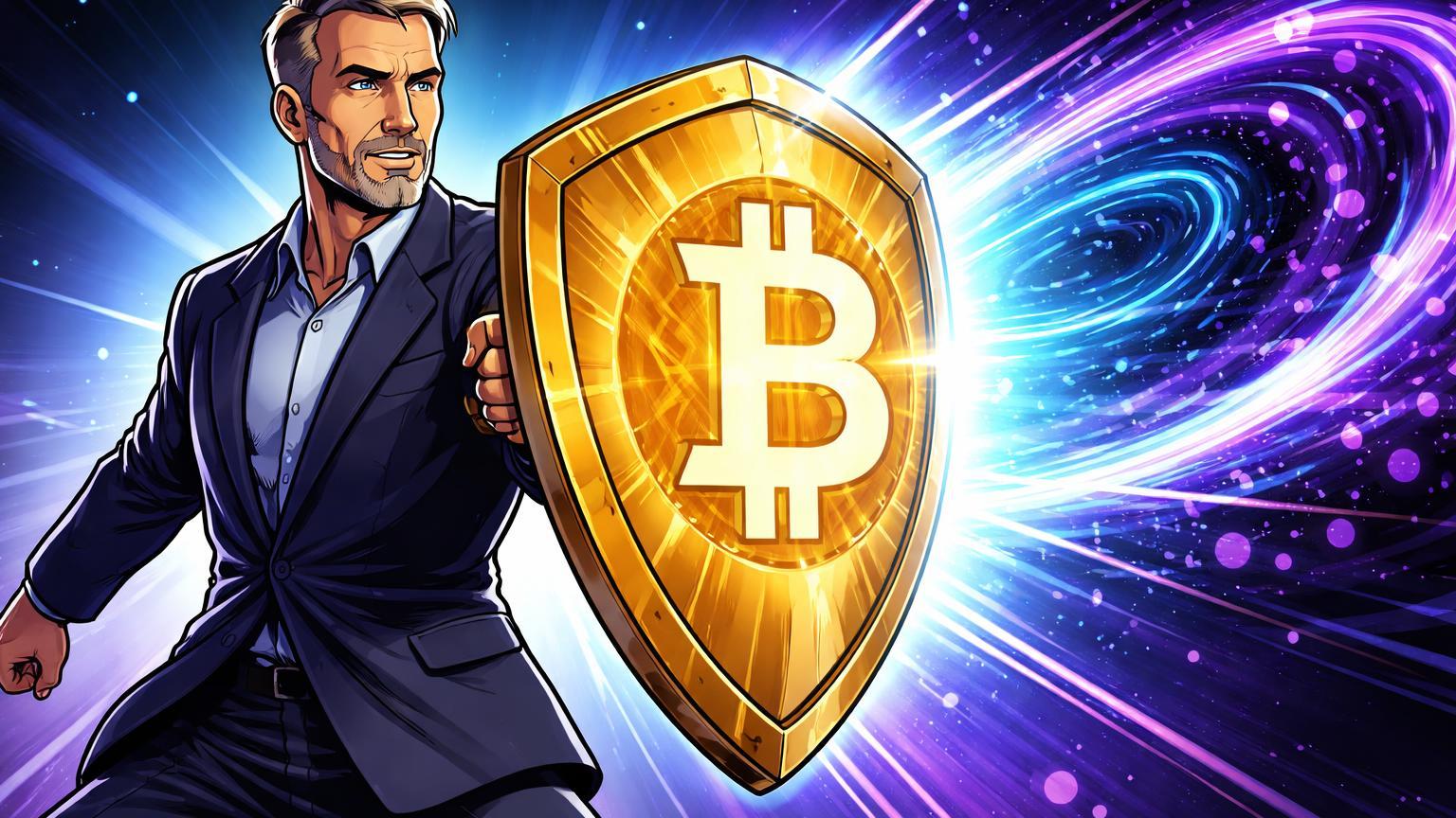 Líder tech cartoon defendendo escudo BTC dourado contra onda quântica roxa, simbolizando plano de Saylor contra ameaça à segurança do Bitcoin