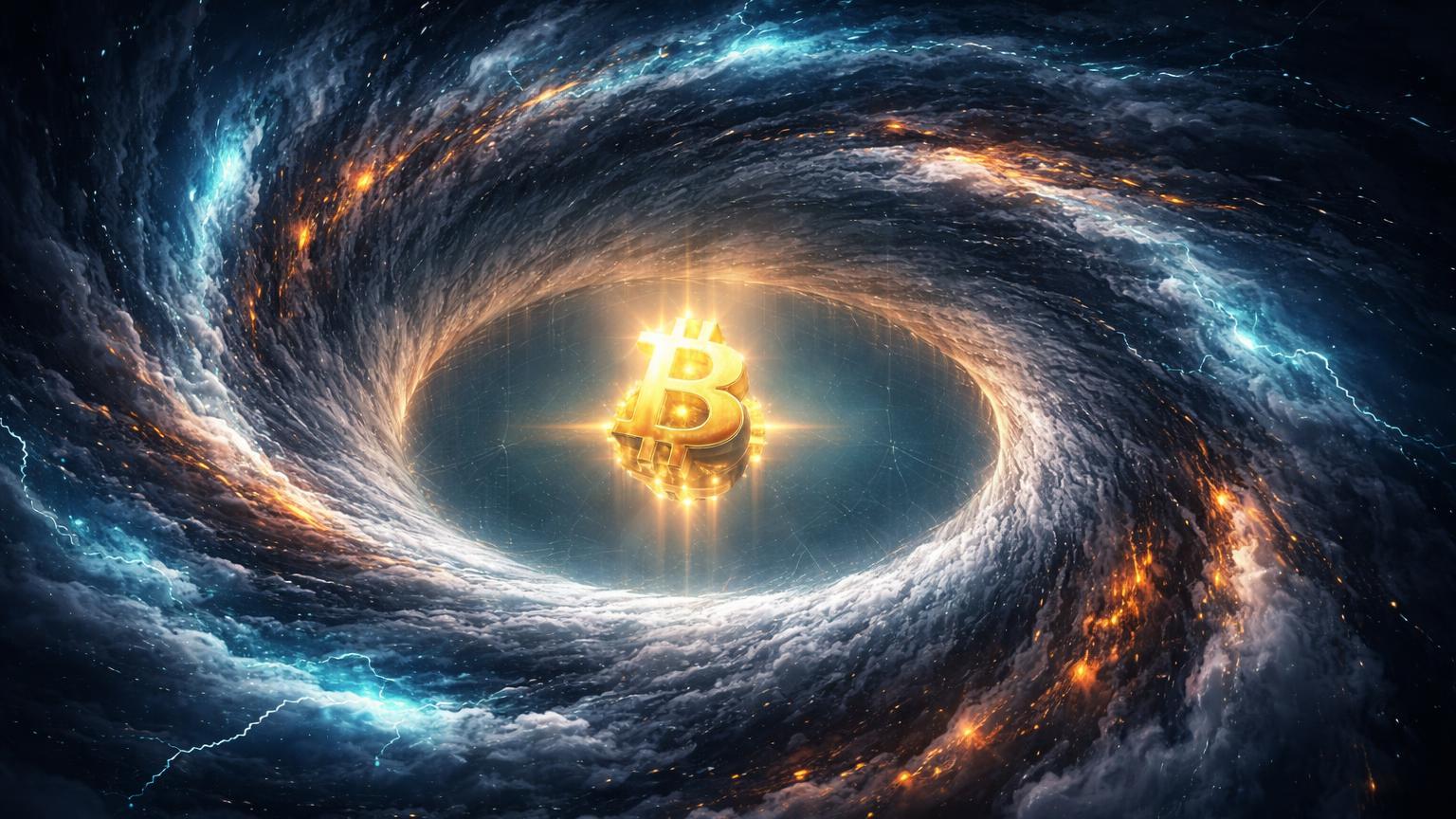 Olho de furacão digital com nüleo BTC calmo e bordas turbulentas em cyan e laranja, simbolizando calmaria antes da volatilidade no Bitcoin