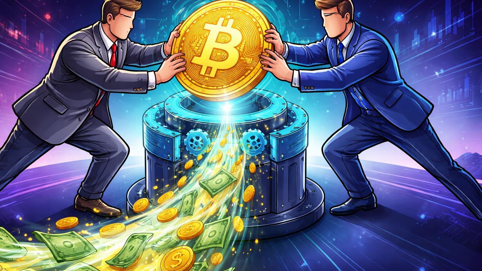 Banqueiros cartoon depositando Bitcoin dourado como colateral, ativando fluxo de liquidez cyan, simbolizando empréstimos cripto em bancos russos