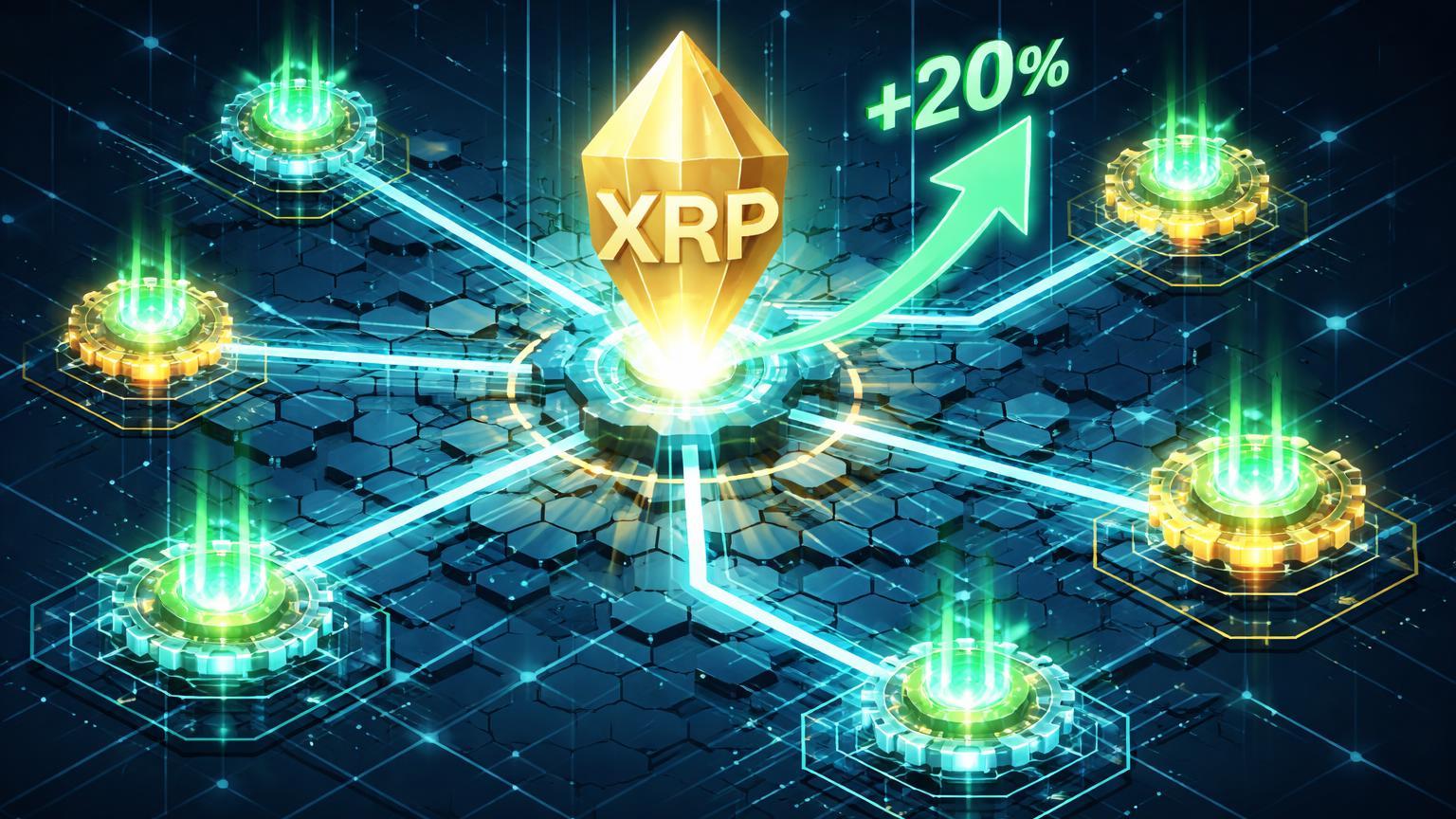 Rede isométrica XRPL expandindo com nodos DeFi luminosos e XRP central, simbolizando roadmap institucional e alta de 20% do preço