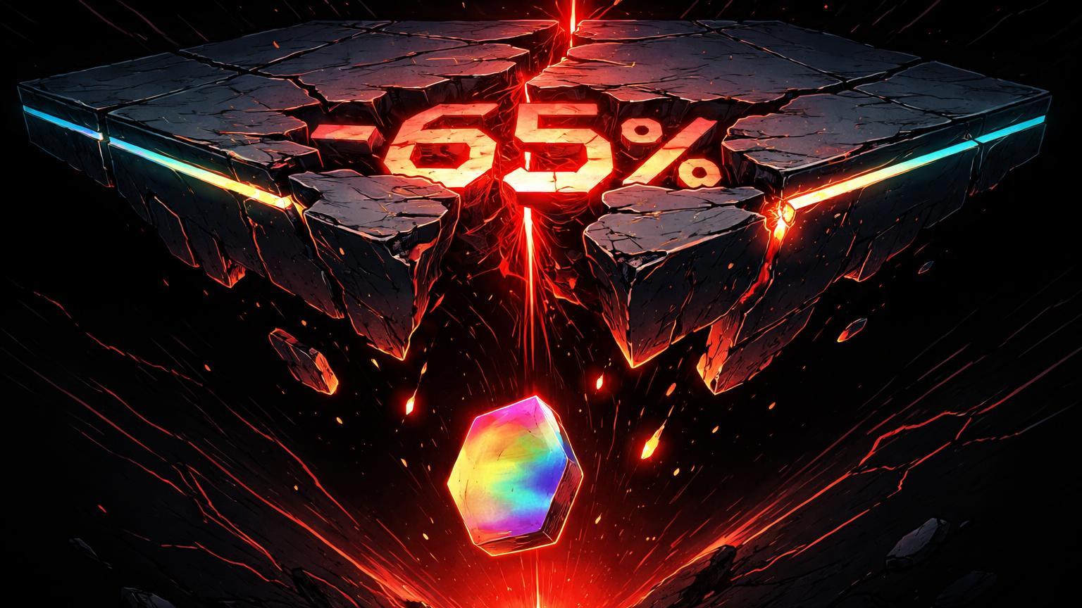 Plataforma digital brutalista rachando com token despencando pela fissura em -65%, simbolizando desastre no lançamento RNBW DeFi