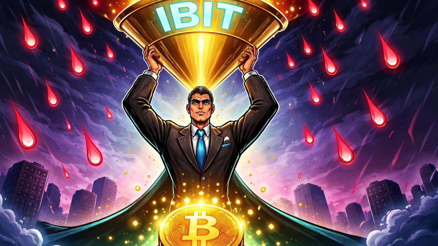Executivo cartoon BlackRock canalizando influxo dourado via funil IBIT durante tempestade vermelha, simbolizando absorção institucional no ETF após queda Bitcoin