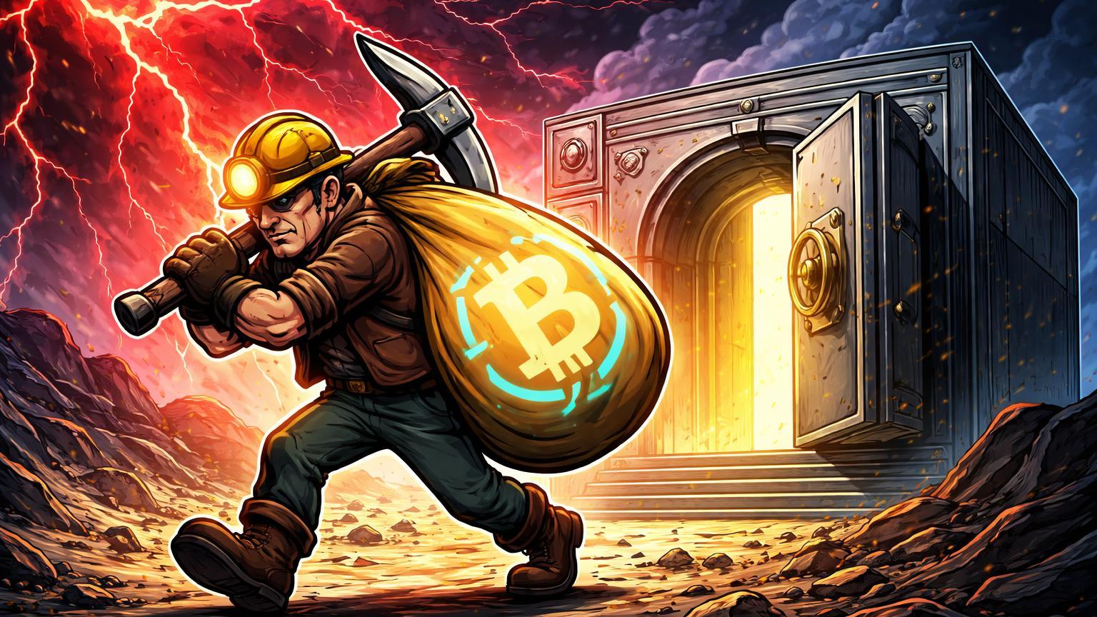 Miner cartoon carregando saco BTC para cofre institucional sob tempestade vermelha, simbolizando transferência da Marathon durante queda de 50% do Bitcoin