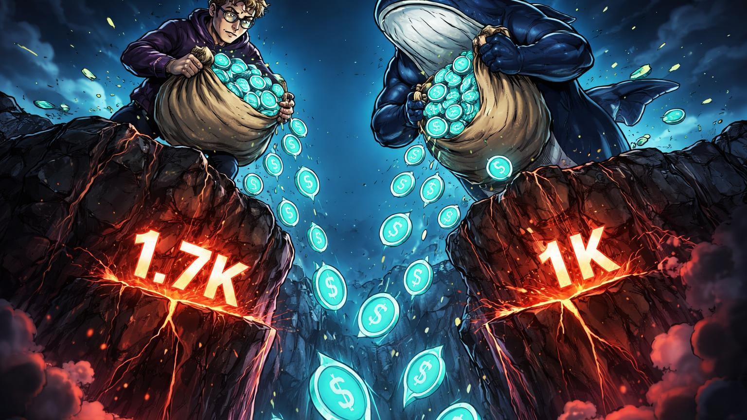 Figuras cartoon de Vitalik e baleia antropomórfica despejando ETH em zonas de liquidação '1.7K' e '1K', ilustrando pressão vendedora crítica