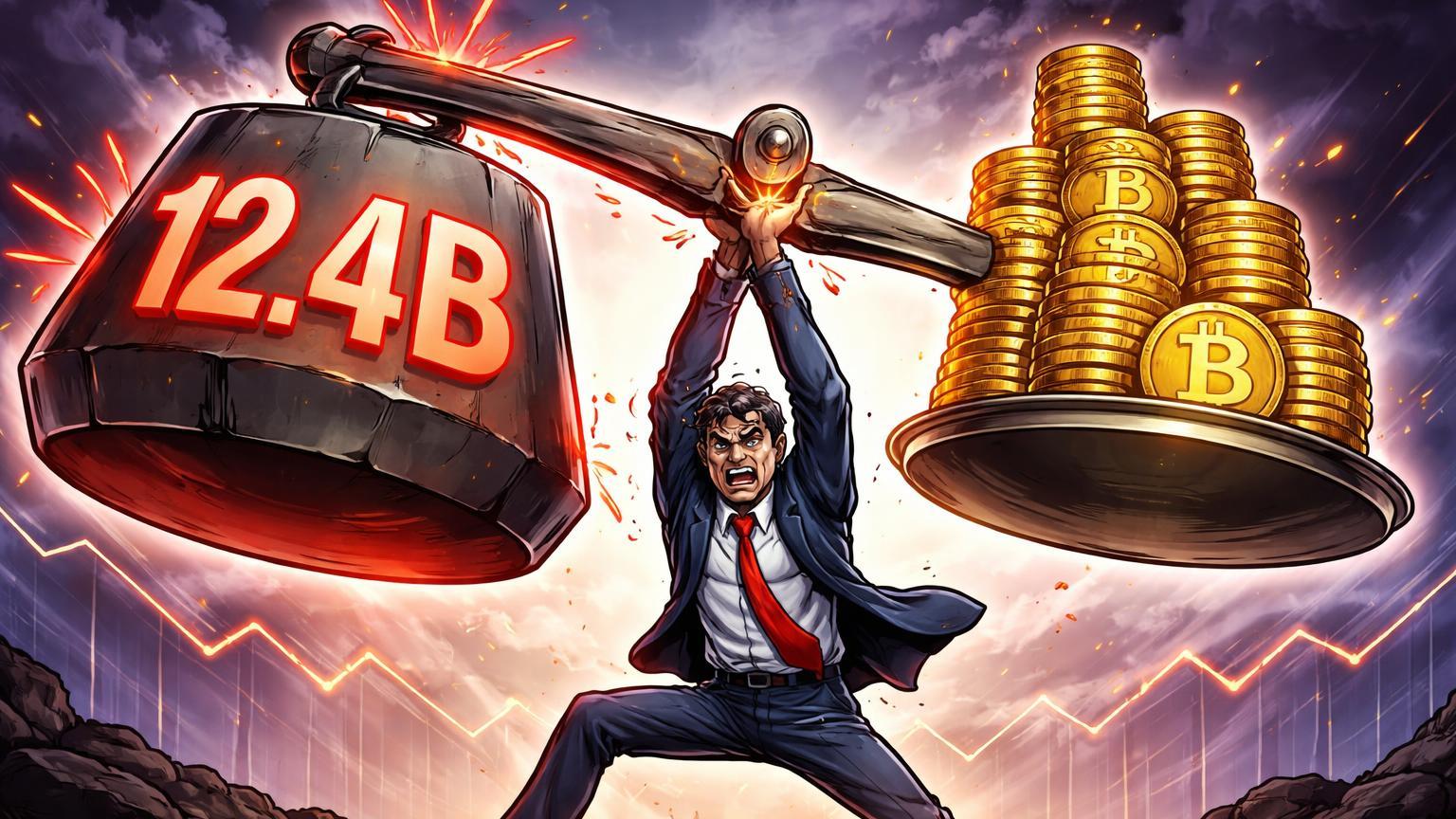 Executivo cartoon esforçado equilibrando balança com peso '12.4B' e Bitcoins, simbolizando prejuízo recorde da Strategy no Q4