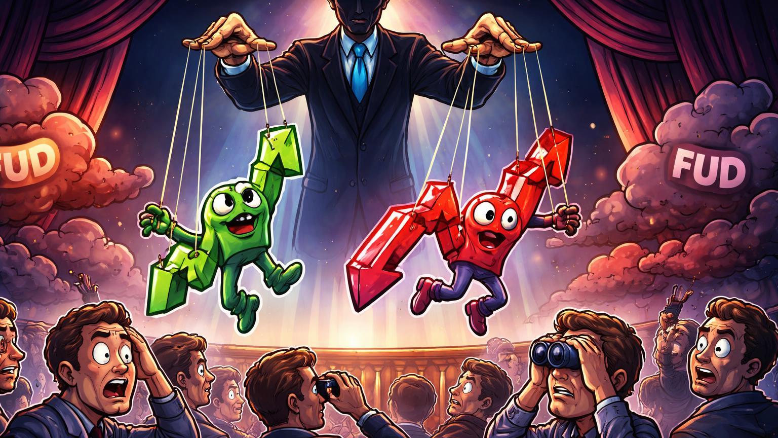 Marionetista cartoon manipulando bonecos de gráficos voláteis diante de traders alarmados, simbolizando FUD e suspeitas de manipulação na Binance