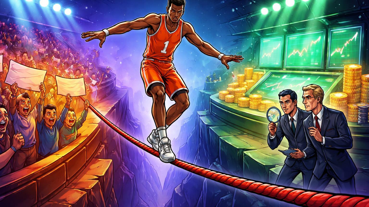 Jogador de basquete cartoon em corda bamba entre quadra NBA e mesa de apostas, com fãs e reguladores reagindo ao conflito de interesses