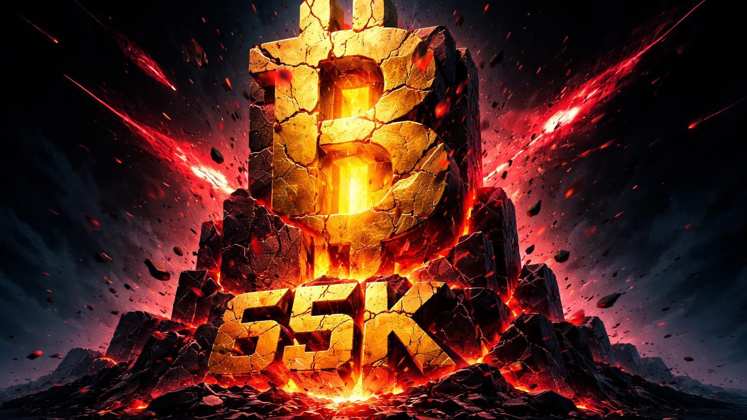 Fortaleza dourada Bitcoin rachada por impactos vermelhos em nível 65K, núcleo intacto brilhando, simbolizando capitulação e saúde on-chain