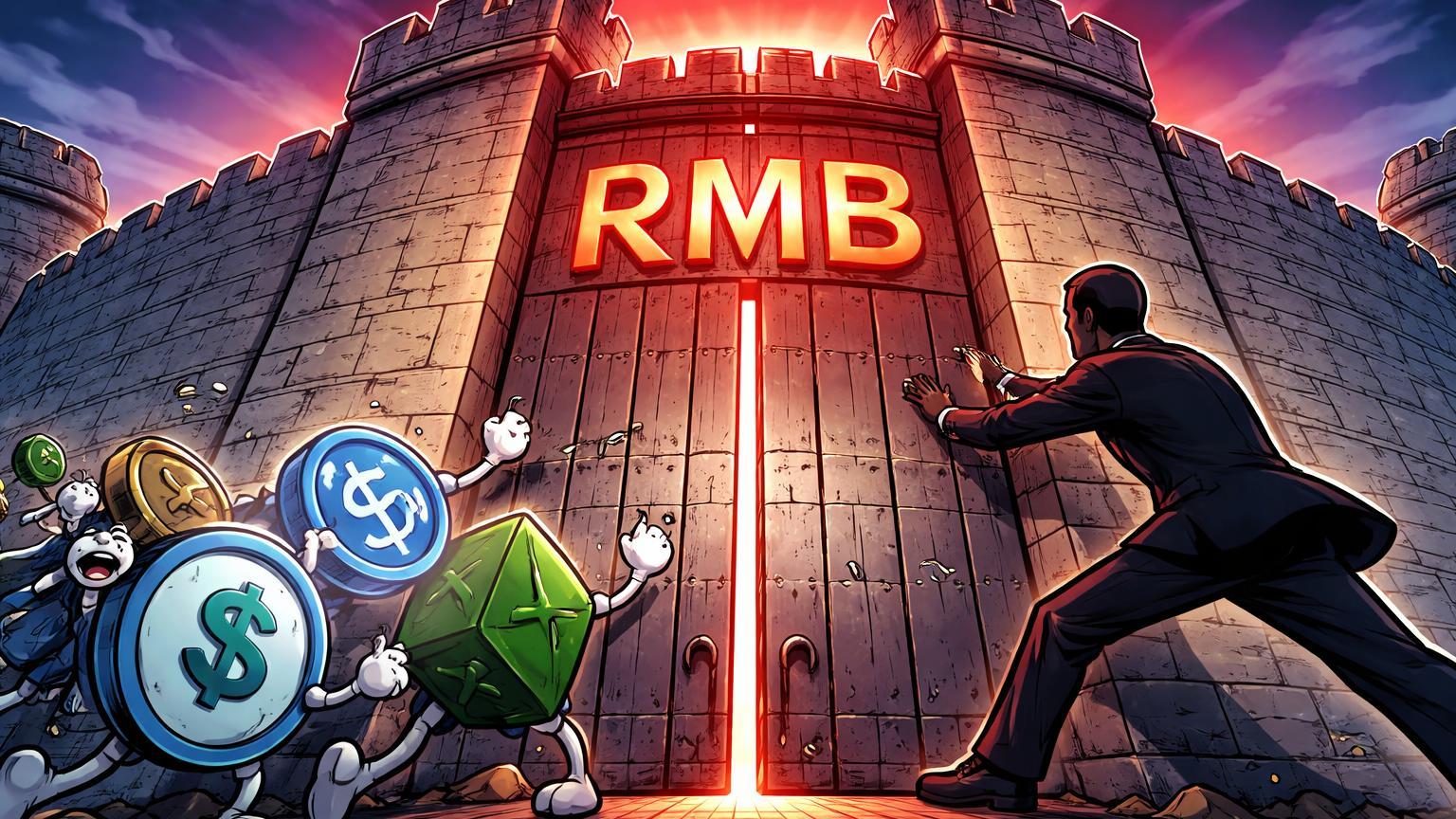 Muralha digital cartoon se fechando sobre stablecoins frustradas com burocrata empurrando portão e 'RMB' gravado, simbolizando proibição chinesa