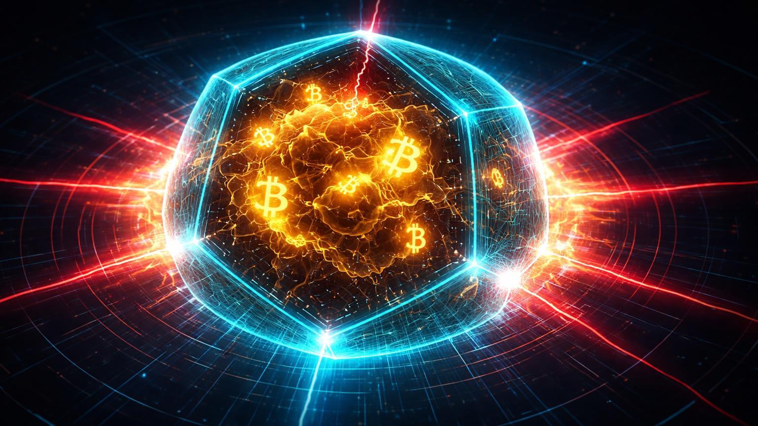 Nó de rede digital inchado com energia BTC dourada emitindo ondas vermelhas de flash crash, contido por malha cyan, expondo riscos na Bithumb